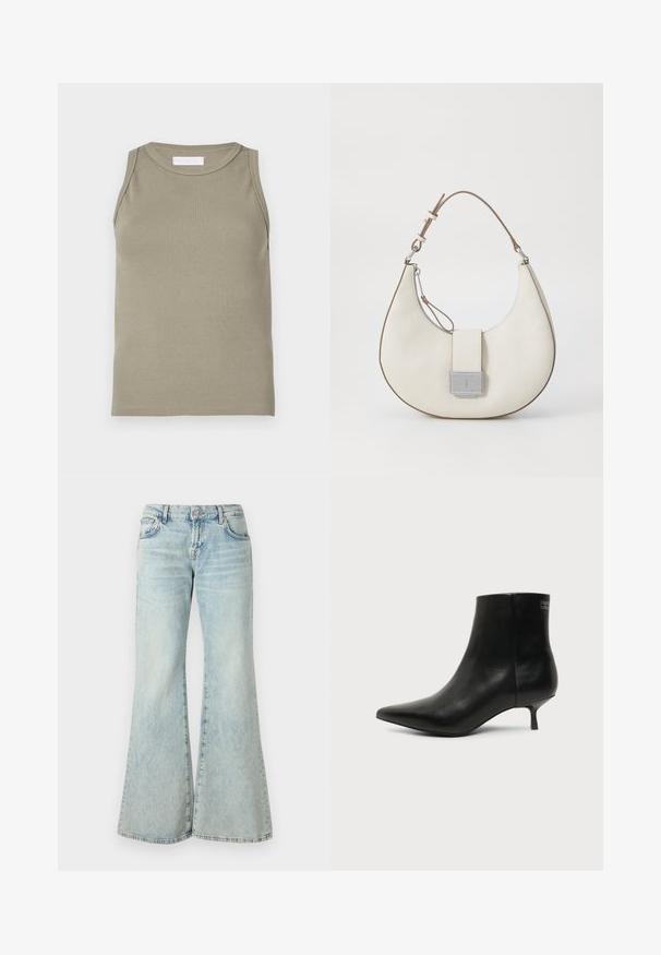 Geribbelde tanktop in olijfgroen, met een ronde halslijn en mouwloos ontwerp. Gemaakt van zacht, rekbaar materiaal met een aansluitend silhouet.; Lichtblauwe flared jeans van denim, met een hoge taille, zakken en rafelige zomen. De stof heeft een vervaagde wassing en een subtiele textuur.; Zwart leren enkellaars met puntige neus en lage kittenhak op lichte achtergrond, zijaanzicht buitenkant.; Witte leren handtas met een gebogen vorm, contrasterende bruine accenten, een zilveren sluiting en een gestructureerde afwerking. Voorzien van een enkele schouderband.