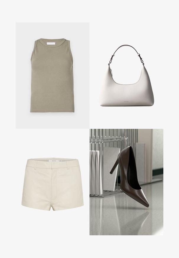 Ribbet tanktop i olivengrøn med rund halsudskæring og ærmeløs design. Fremstillet af blødt, elastisk materiale med en tætsiddende pasform.; Beige lædershorts med en glat tekstur, der har en tætsiddende talje, bæltestropper og diskret syninger foran. Enkel, moderne design.; Mørkebrunt læderhæl med høj hæl, der svæver over en reflekterende gulvplade nær en metalhylde med hvide paneler i et rum.; Cremefarvet skuldertaske i læder fra Calvin Klein med buet topkant, sølvfarvet lynlås og mørkebrun justerbar rem.