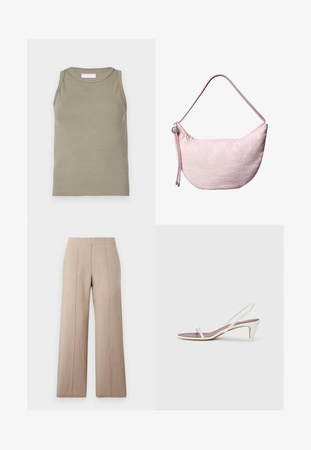 Camiseta sin mangas de canalé en verde oliva, con escote redondo y diseño sin mangas. Hecha de material suave y elástico con una silueta ajustada.; Pantalones de pierna ancha en color beige, confeccionados en tejido ligero, con pliegues frontales, una cinturilla suave y un corte recto con dobladillos limpios.; Sandalias blancas de goma con un ligero tacón, tiras delgadas y una textura de cuero suave; cuentan con una pequeña hebilla decorativa.; Bolso de hombro de color rosa suave con forma de media luna, correa ajustable de cordón, tope metálico y sutil logo en relieve "cK" en el centro frontal.