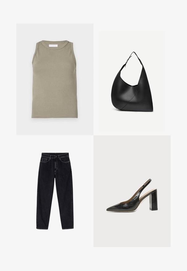 Ribbet tanktop i olivengrøn med rund halsudskæring og ærmeløs design. Fremstillet af blødt, elastisk materiale med en tætsiddende pasform.; Sorte højtaljede jeans med lige ben, foran med knap, lynlås, bæltestropper og fem lommer, vist på en hvid baggrund.; Sort læder peep-toe slingback sko med blokhæl og et lille logo på siden, sat mod en enkel hvid baggrund.; Sort læder skuldertaske med buet trekantet form, enkelt justerbart rem og synlig diagonal søm foran.