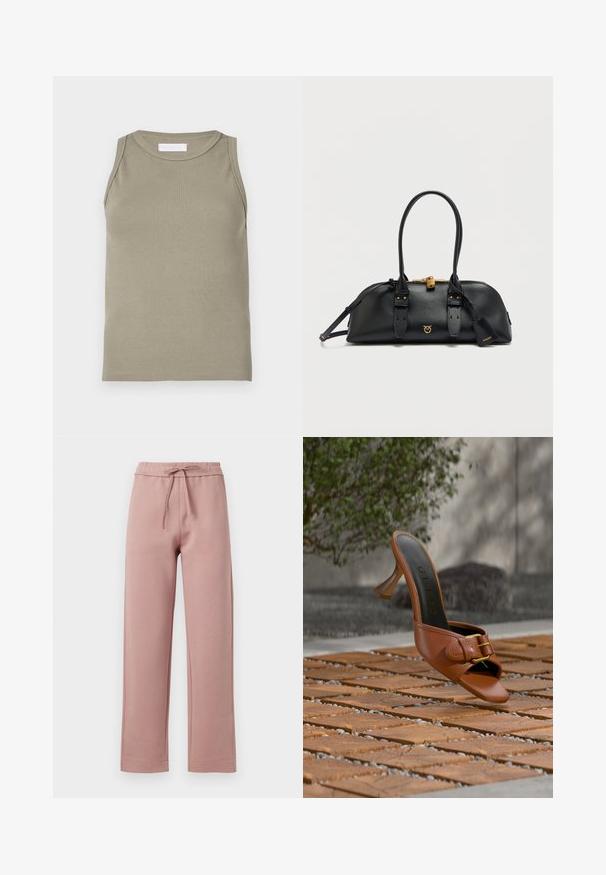 Débardeur côtelé vert olive, avec un col rond et un design sans manches. Confectionné en matière douce et extensible avec une silhouette ajustée.; Pantalons de jogging en tissu rose doux, avec une taille à cordon de serrage, un design à jambes larges et un ourlet droit avec des détails de couture subtils.; Mule à talon haut en cuir marron avec détail boucle, marquée « Guess » sur la semelle intérieure, posée sur des carreaux en bois à motifs avec de la verdure et un mur en béton en arrière-plan.; Sac à main en cuir noir de forme arrondie, avec ferrures dorées, double poignée et bandoulière amovible. Dispose d'un logo et d'une fermeture éclair.