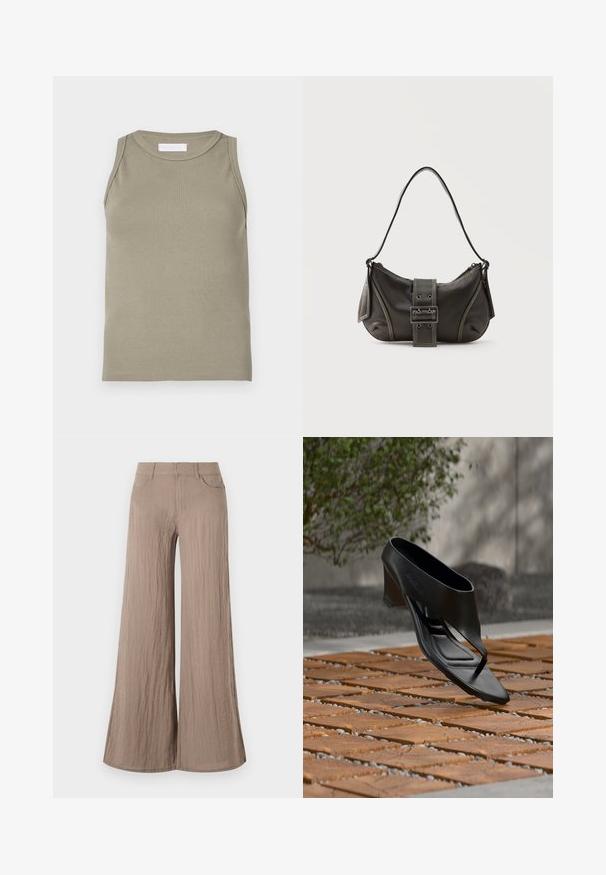 Débardeur côtelé vert olive, avec un col rond et un design sans manches. Confectionné en matière douce et extensible avec une silhouette ajustée.; Pantalon large beige clair avec une finition texturée, présentant une taille haute, des poches avant et une silhouette fluide et ample.; Sandale noire à talon haut avec une lanière entre les orteils, flottant au-dessus d'une surface extérieure en bois et gravier à motifs, avec un arrière-plan flou de verdure et un mur.; Sac à épaule en cuir noir avec une sangle à boucle, des bords arrondis et des coutures blanches contrastées sur un fond uni.