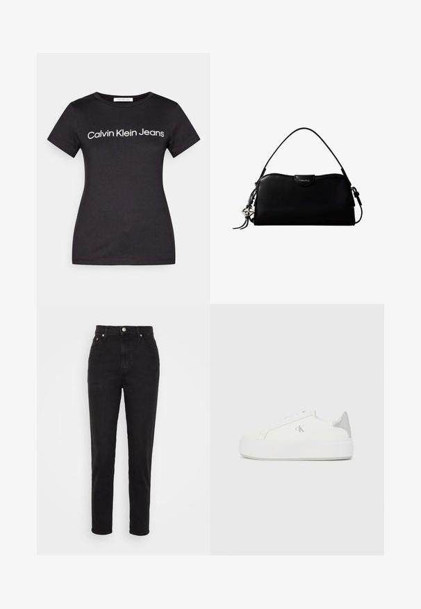 Čierne tričko s krátkym rukávom a okrúhlym výstrihom s bielym textom "Calvin Klein Jeans" uprostred na hrudi.; Čierne vysoké slim-fit džínsy so zapínaním na gombík vpredu, pútkami na opasok a dizajnom s piatimi vreckami na bielom pozadí.; Biele plátené tenisky s hrubou bielou podrážkou, so strieborným kovovým akcentom na päte a jemným logom na boku.; Čierna obdĺžniková kabelka Calvin Klein s jedným horným remienkom, strieborným logom príveskom a malým preklopeným zapínaním na prednej strane.
