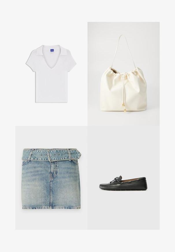 Chemise blanche à manches courtes avec col en V et large col, en tissu texturé, avec une étiquette bleue « HUGO » à l'intérieur de l'encolure.; Jupe en denim mini avec un délavage bleu clair, dotée d'une taille ceinturée avec une boucle en métal, cinq poches et un léger effet dégradé pour la texture.; Bateau en cuir noir avec un bout arrondi, des détails de couture, un petit accent en nœud et une semelle en caoutchouc. Texture lisse et design épuré.; Sac à cordon en faux cuir blanc et doux avec un dessus froncé, une bandoulière réglable et des accents en métal doré. Texture lisse avec un design minimaliste.