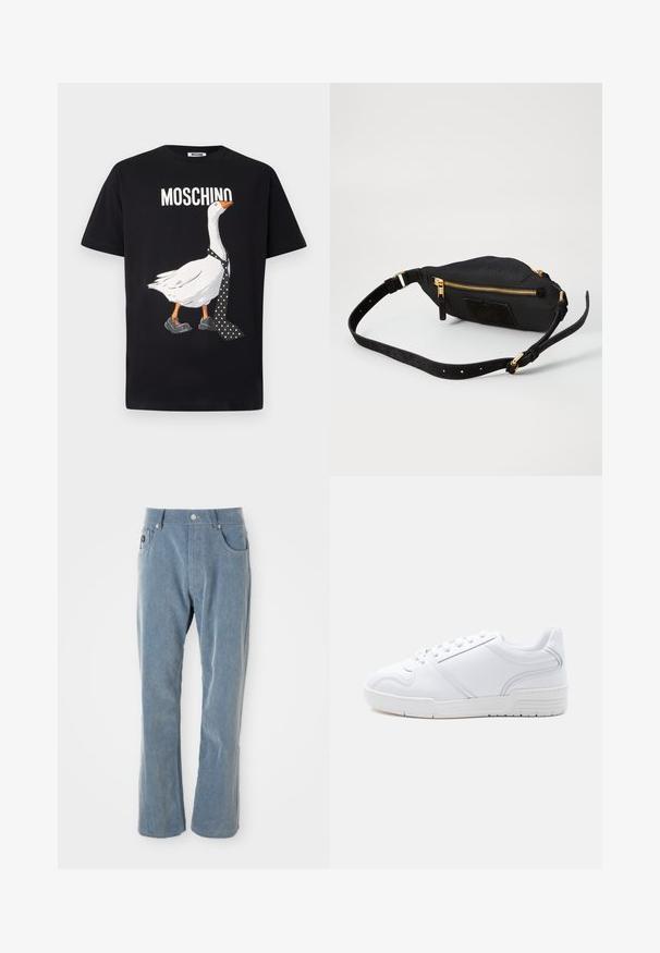 Schwarzes T-Shirt mit einem weißen Gänse-Motiv, die eine gepunktete Krawatte und schwarze Schuhe trägt. "Moschino" ist oberhalb des Designs in weißer Schrift gedruckt.; Hellblaue Cordhosen mit Knopf- und Reißverschluss, Fronttaschen und geradem Bein auf weißem Hintergrund.; Weißer Sneaker mit niedrigem Schaft, Schnürdesign, glattem synthetischem Obermaterial und gemusterter Gummisohle auf einfachem hellem Hintergrund.; Schwarze Stoff-Crossbody-Tasche mit goldfarbenem Reißverschluss, Wildlederakzenten, rechteckiger Form, verstellbarem Tragegurt und strukturiertem Oberfläche.
