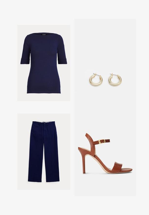 Top ajustado de manga corta en azul marino con escote redondo y mangas con puños.; Pantalones azul marino de corte recto con trabillas para cinturón, cierre frontal con botones y bolsillos laterales sobre fondo blanco.; Sandal de tacón alto de cuero marrón con un diseño elegante, correa ajustable en el tobillo y un sutil acento de hebilla dorada. De punta abierta y textura suave.; Lauren Ralph Lauren BASIC SMALL HOOP - Pendientes - gold-coloured