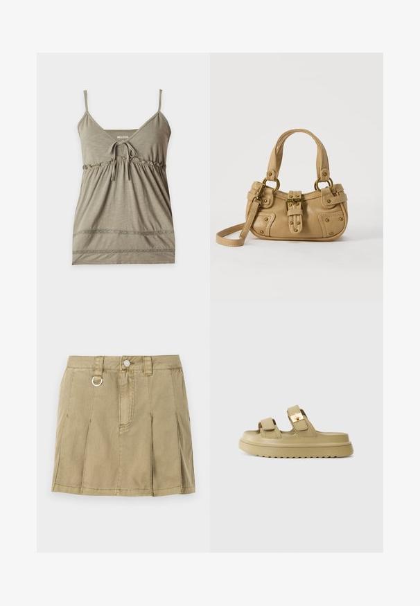 Ærmeløs olivengrøn camisole top med tynde stropper, V-udskæring, knude foran, rynket talje og blondekant nær skørtekanten.; Lys olivengrøn denimskørt med fire knivfolder, en frontknaplukning og en metalring detalje på taljen.; Beige slidesandaler med to justerbare stropper og en guldfarvet spænde. Fremstillet af glat syntetisk materiale. Tekstureret gummisål.; Beige læderhåndtaske med dobbelte håndtag, messing spænde og nitte detaljer samt en justerbar skulderrem mod en hvid baggrund.