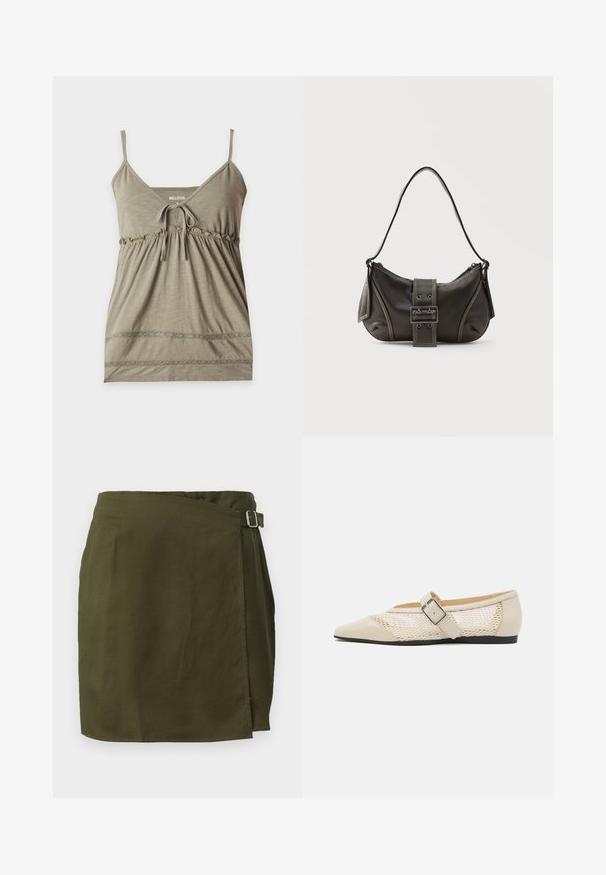 Haut camisole vert olive sans manches avec fines bretelles, encolure en V, détail lien à l'avant, taille froncée et bordure en dentelle près de l'ourlet.; Jupe portefeuille en vert olive dans un tissu léger, avec une fermeture à boucle sur le côté et un ourlet légèrement asymétrique. Texture lisse.; Ballerines beiges à bout pointu avec un design à panneaux en maille, dotées d'une sangle à boucle et d'une semelle noire basse, mettant en avant un contraste de texture.; Sac à épaule en cuir noir avec une sangle à boucle, des bords arrondis et des coutures blanches contrastées sur un fond uni.