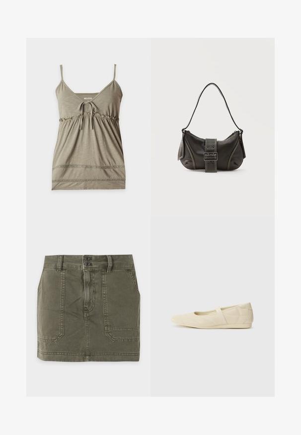 Haut camisole vert olive sans manches avec fines bretelles, encolure en V, détail lien à l'avant, taille froncée et bordure en dentelle près de l'ourlet.; Mini-jupe en denim vert olive avec deux poches avant, passants de ceinture et fermeture à double bouton à la taille.; Ballerines beiges avec une exterior en cuir lisse, un bout en forme d'amande et une sangle élastique sur le coup de pied, avec des détails de couture subtils.; Sac à épaule en cuir noir avec une sangle à boucle, des bords arrondis et des coutures blanches contrastées sur un fond uni.