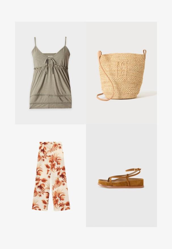 Ærmeløs olivengrøn camisole top med tynde stropper, V-udskæring, knude foran, rynket talje og blondekant nær skørtekanten.; Vide benbukser i et let materiale, der har en off-white bund med store rustfarvede bladmønstre og en glat tekstur.; Brun suedine sandal med minimalistisk design, der har tynde remme og en flad sål, som viser en naturlig tekstur og en rund form.; Vævet stråbuckettaske med struktureret mønster og læderrem, vist oprejst på en ensfarvet lys baggrund.