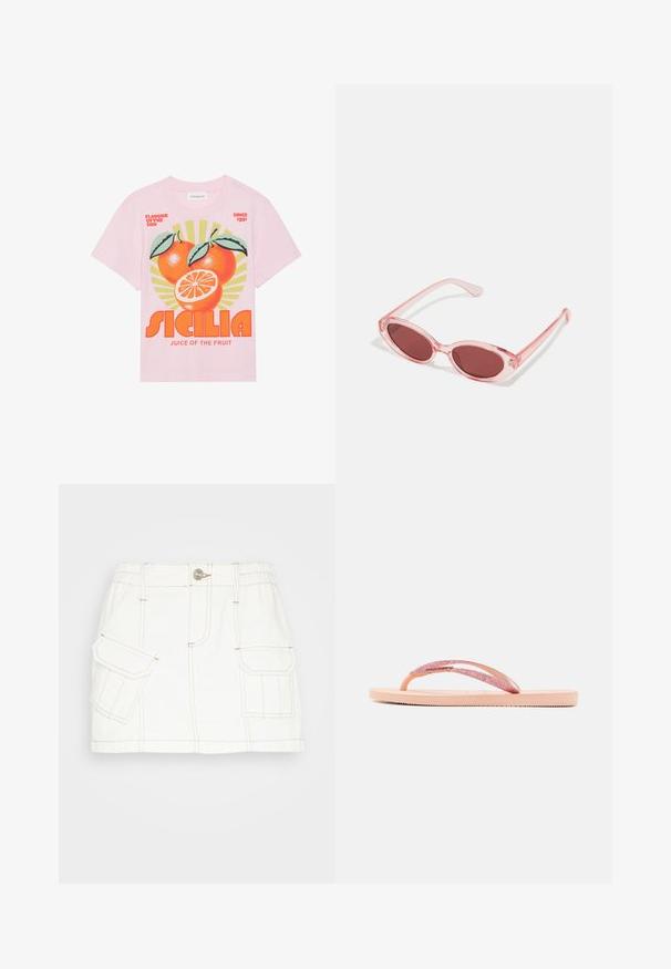 Lyserød bomulds T-shirt med et farverigt grafik af tre appelsiner med blade, en solstrålebaggrund og fed tekst "SICILIA JUICE OF THE FRUIT."; BDG Urban Outfitters SKIRT - Denimnederdele - white; Lyserød flip-flop med en glitrende rem, tekstureret gummisål og enkelt fladt design. Der er detaljer som et skinnende forbindelsesstykke.; Lyserøde transparente solbriller med ovale linser, mørkerød toning og slanke stænger, der har en glat overflade og diskret detaljering på rammen.