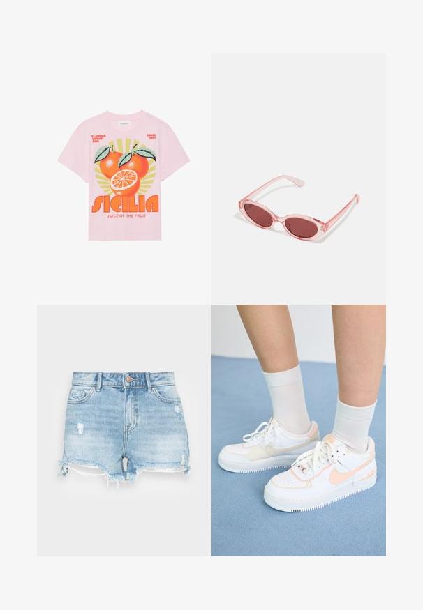 Lyserød bomulds T-shirt med et farverigt grafik af tre appelsiner med blade, en solstrålebaggrund og fed tekst "SICILIA JUICE OF THE FRUIT."; Denimshorts i lyseblå med en distressed finish, frynset kant og klassisk fem-lomme design. Har en metal knaplukning.; Hvide sneakers med ferskenfarvede detaljer, glat læderoverdel, perforeret tå, struktureret sål og snørebånd. Båret med hvide ankelstrømper på en blå overflade.; Lyserøde transparente solbriller med ovale linser, mørkerød toning og slanke stænger, der har en glat overflade og diskret detaljering på rammen.