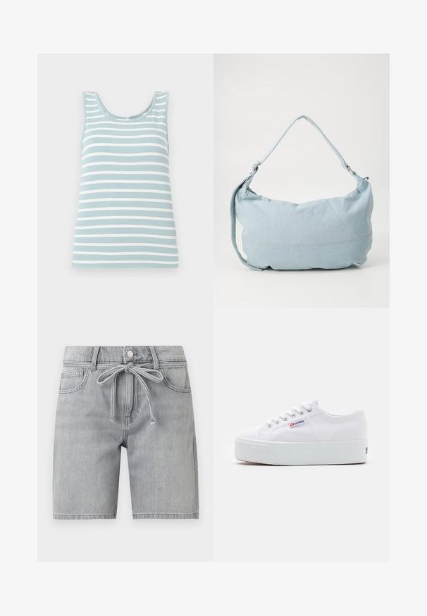 Débardeur bleu clair avec des rayures horizontales blanches, fabriqué en tissu doux. Il présente un décolleté arrondi et un design sans manches.; Short en jean gris clair avec poches avant, passants de ceinture, fermeture par bouton et ceinture en tissu assorti à la taille.; Baskets en toile blanches avec une épaisse semelle plateforme blanche, bout rond et œillets en métal pour les lacets. Logo de la marque affiché sur le côté.; Sac à dos en denim bleu clair de forme arrondie, avec une bandoulière ajustable et un subtil détail de couture le long du bas. Texture douce.