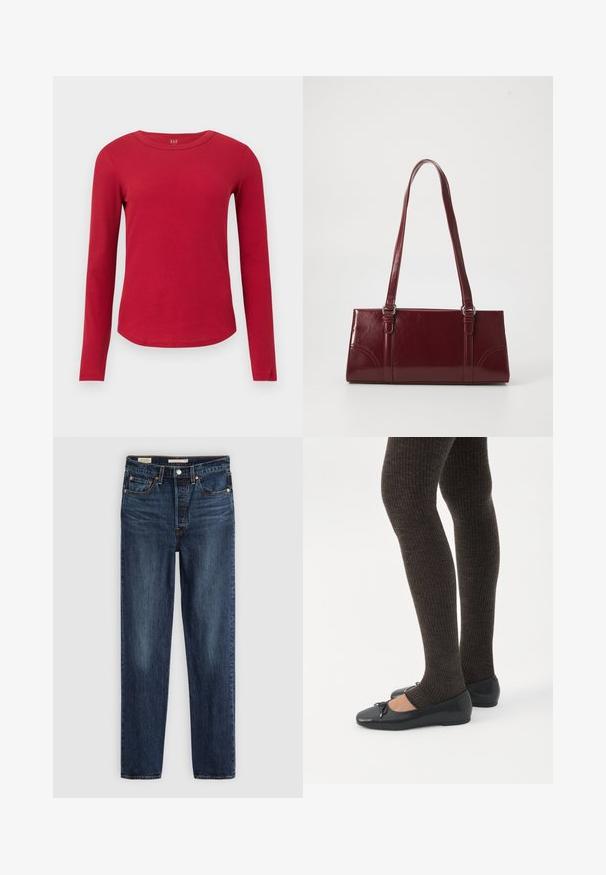 Langärmliges rotes, geripptes Oberteil mit Rundhalsausschnitt, geschwungenem Saum, figurbetonter Silhouette und GAP-Label innen am Kragen.; Dunkelblaue gerade geschnittene Jeans mit fünf Taschen, Knopf- und Reißverschluss und kontrastierenden Nähten.; Beine in dunklen, gerippten Leggings kombiniert mit schwarzen Ballerinas mit kleinen Schleifendetails auf weißem Hintergrund.; Burgunderfarbene Handtasche aus glänzendem Material, rechteckige Form, mit zwei Schulterriemen und subtilen, geschwungenen Akzenten an der Vorderseite.