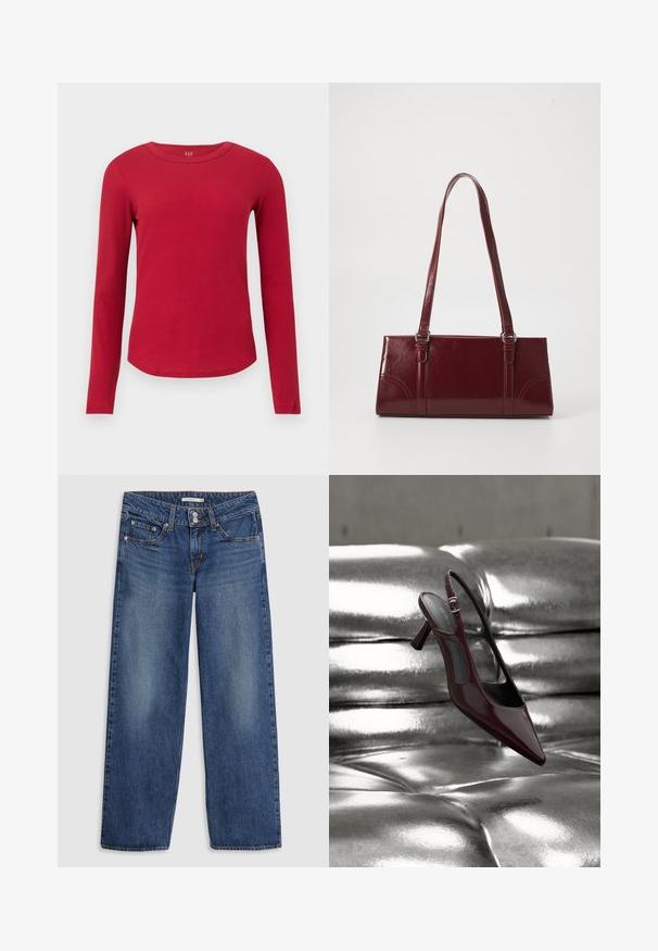 Haut rouge en maille côtelée à manches longues, col rond, ourlet incurvé, silhouette ajustée et étiquette GAP à l'intérieur du col.; Jeans en denim bleu à jambes larges avec une fermeture à bouton, design à cinq poches, légère décoloration sur les cuisses et accents de couture sur les coutures.; Escarpin slingback à talon haut, rouge foncé brillant avec bout pointu, présenté sur une surface en cuir argenté capitonné et brillant.; Sac à main bordeaux en matériau brillant, de forme rectangulaire, avec deux anses et des accents légèrement courbés à l'avant.