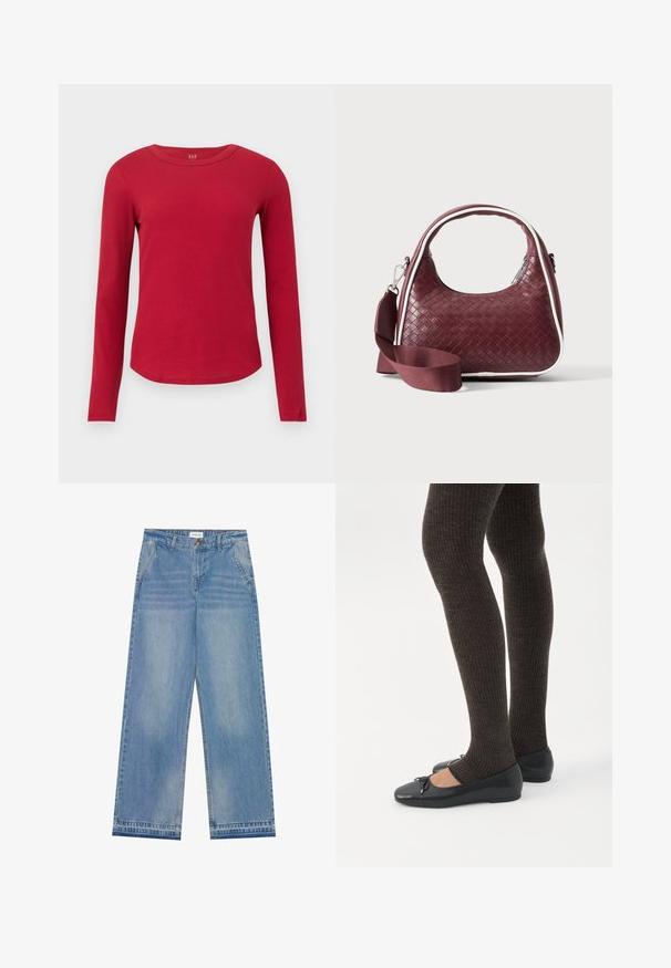 Langærmet rød ribstrikket bluse med rund hals, buet skørt, tætsiddende silhuet og GAP-mærke inde i kraven.; Lyseblå højtaljede wide-leg jeans med knaplukning, frontlommer, bæltestropper og diskret falmet detaljer.; Ben iført mørke ribbede leggings kombineret med sorte balletsko med små sløjfedetaljer på hvid baggrund.; Mørkerød vævet lædertaske med buet hank, hvid kant, sølv lynlås og aftagelig bred stofskulderrem mod en ensfarvet baggrund.