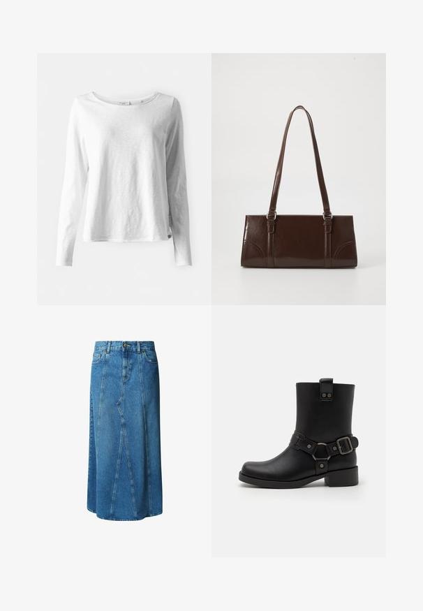 Langærmet hvid T-shirt i blødt, let materiale; har rund halsudskæring og en let afslappet pasform; mærket er synligt på siden.; Lys blå denimnederdel i knælængde med en tætsiddende talje, knaplukning og frontlommer; har en paneleret design og rå kant.; Sort læder ankelstøvle med firkantet tå, rund hæl, dekoreret strop og spænde detaljer samt metal accenter. Glat tekstur.; Brun lakeret håndtaske med rektangulær form, to lange håndtag og subtile buede detaljer på fronten.