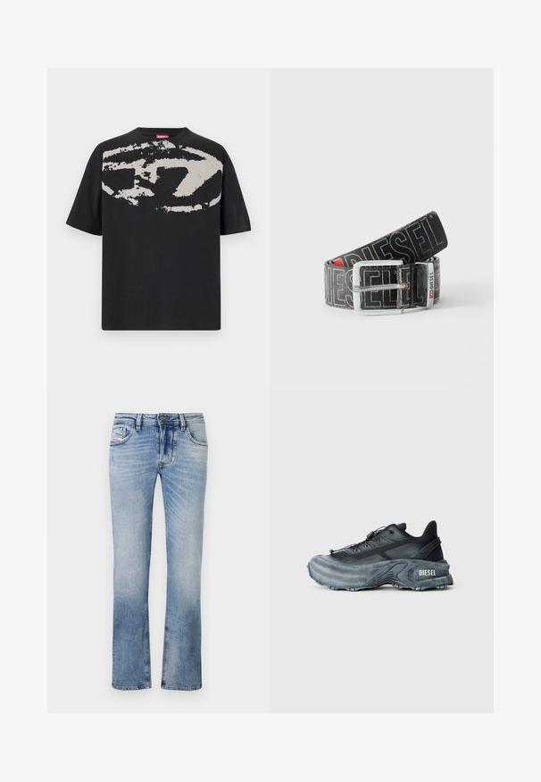 T-shirt noir avec un grand motif abstrait gris clair sur le devant. Manches courtes et encolure ronde classique. Matière en coton.; Jean en denim bleu clair avec une coupe droite, dotés de poches avant, d'une fermeture éclair et d'un léger délavage sur l'ensemble du tissu.; Baskets Diesel noires et grises avec semelle épaisse, système de laçage à bascule et design texturé sur fond gris clair uni.; Ceinture noire Diesel avec grand texte logo blanc, boucle rectangulaire en argent, et détail de boucle métallique brandée, enroulée sur un fond clair.