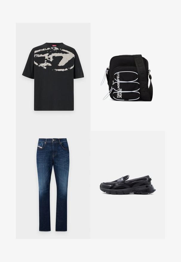 T-shirt noir avec un grand motif abstrait gris clair sur le devant. Manches courtes et encolure ronde classique. Matière en coton.; Jean en denim bleu foncé présentant une coupe droite, un design à cinq poches, un léger délavage et des coutures contrastées le long des coutures.; Baskets noires à enfiler avec semelle épaisse texturée et panneaux en maille, conçues pour un usage décontracté et sportif.; Sac bandoulière noir avec boucles élastiques blanches, tirettes de fermeture éclair, et texte blanc "KARL LAGERFELD JEANS" sur la poche avant.
