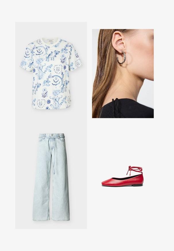 Hvid T-shirt med korte ærmer med blå indviklede blomster- og solansigtsmønstre overalt på stoffet.; Lyseblå jeans med vide ben, høj talje, knapper foran, bæltestropper og et langt matchende bælte af stof.; Røde læder balletflade med firkantet tå og bånd til ankelbinding. Glat tekstur og en lille sort hæl.; Sølv hoop ørestik med en poleret overflade, prydet med små guld accenter og en rund form, båret på øreflippen.