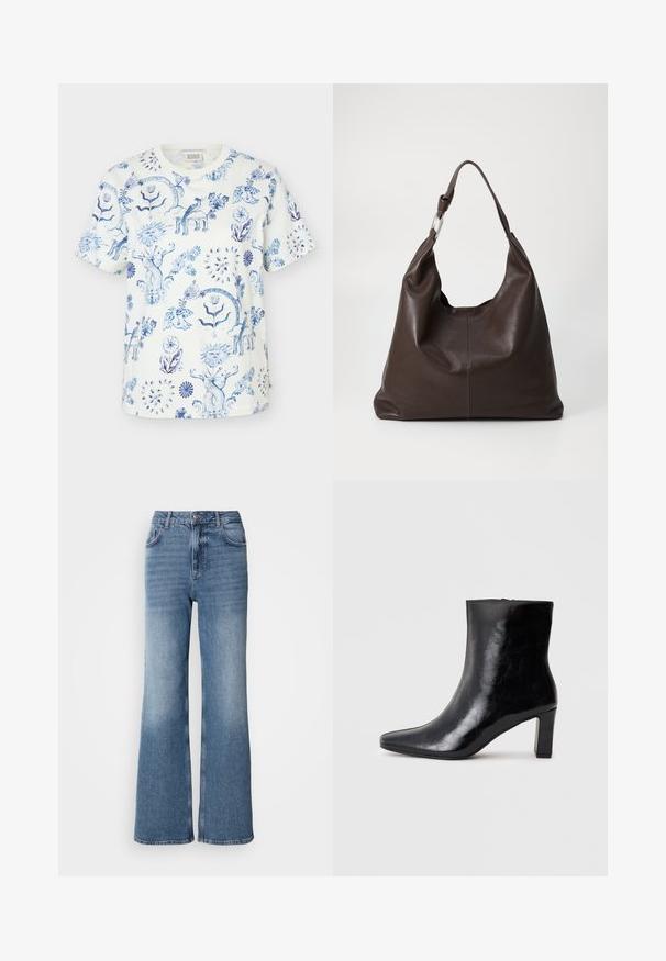 Hvid T-shirt med korte ærmer med blå indviklede blomster- og solansigtsmønstre overalt på stoffet.; Mos Mosh MAI - Jeans Straight Leg - blue wash; Sorte ankelstøvler lavet af blank læder, med spidse tæer og en mellemstor blokhæl, med en glat tekstur og et enkelt design.; Zign LEATHER - Shopping bags - chocolate brown
