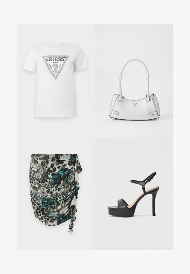 Biele tričko s krátkym rukávom, so štvorcovým logom pokrytým rhinestone kamienkami, ktoré na prednej strane v strede znie "GUESS U.S.A." a "WASHED JEANS".; Naťahovací, ľahká sukňa v odtieňoch zelenej, čiernej a šedej farby s leopardím vzorom a volánikovým detailom po boku.; Čierne platformové sandále s vysokým štíhlym podpätkom, vybavené hladkým koženým zvrškom, dizajnom s otvorenou špičkou a nastaviteľným členkovým remienkom s kovovými prvkami.; Strieborná kabelka so štruktúrovaným dizajnom, s dvoma ušami, lesklou textúrou, akcentovaným hardvérom a trojuholníkovým logom na prednej strane.