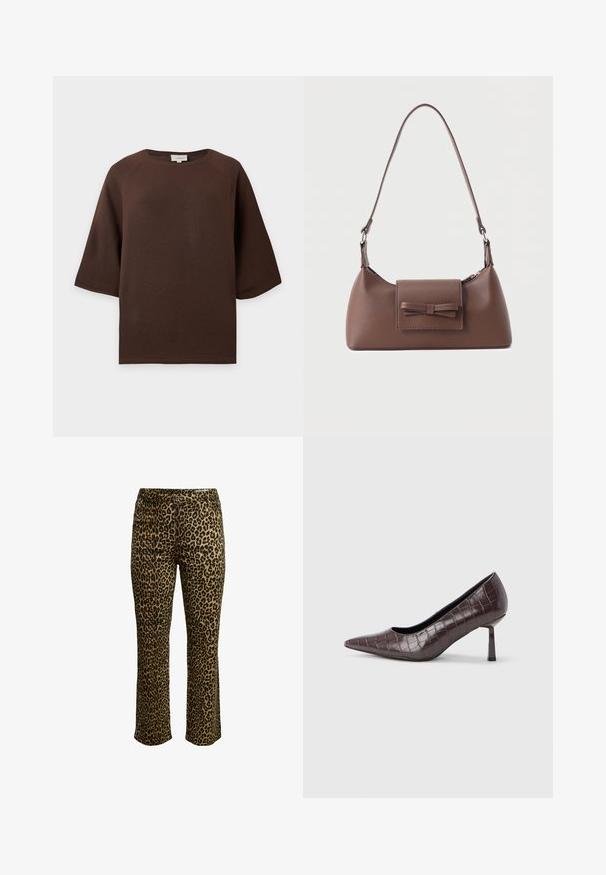Bruine gebreide trui met korte mouwen en een ronde hals, plat gelegd op een lichtgrijze achtergrond.; Een broek met luipaardprint, met een slim fit, knoopsluiting en gestikte tailleband met een lichte stretch voor comfort.; Bruine nepleren pumps met een puntige neus en krokodillenstructuur, voorzien van een slanke, hoekige hak en een gladde binnenvoering.; Bruine leren schoudertas met een voorvak met klep en een gestikte strikdetail en een verstelbare band.