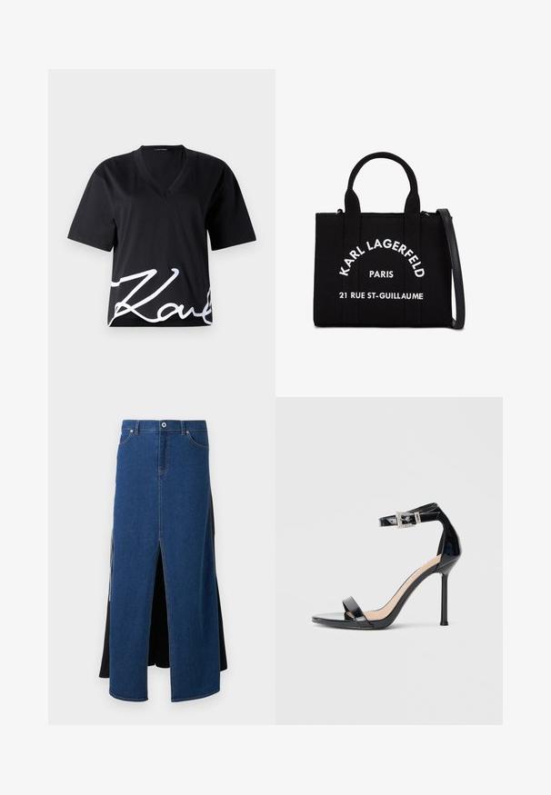 Sort V-hals T-shirt lavet af blødt stof, med korte ærmer og et stort hvidt signaturtryk nederst på fronten.; Jeansnederdel med blå front og slidser, sort stof bagpå, samt standard talje med en metalknap og syninger.; Sort højhælet sandal i laklæder med ankelrem. Har minimalistisk design, åben tå og spænde med rhinsten-detaljer.; Sort stof håndtaske med to top håndtag og en aftagelig skulderrem. Har hvid tekst: "KARL LAGERFELD PARIS 21 RUE ST-GUILLAUME."
