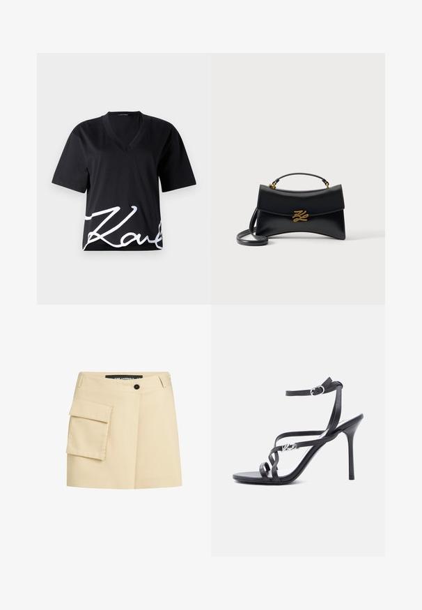T-shirt noir à col en V fabriqué à partir d'un tissu doux, avec des manches courtes et une grande impression blanche de signature sur le bas devant.; Jupe beige avec une taille ajustée, fermeture à boutons sur le devant et une poche cargo sur le côté gauche. Tissu lisse avec un design cintré.; Sandale à talon noir avec fines lanières, boucle à la cheville et détail logo en métal sur la lanière latérale, sur fond blanc.; Sac à main en cuir noir avec rabat incurvé, fermoir logo "KZ" doré, poignée supérieure et bandoulière amovible sur fond uni.