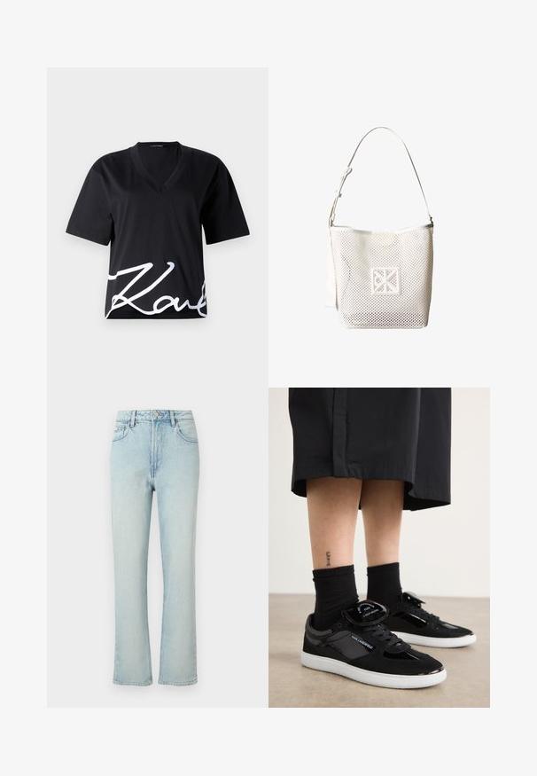 Schwarzes V-Ausschnitt-T-Shirt aus weichem Stoff, mit kurzen Ärmeln und einem großen weißen Signaturdruck auf der unteren Vorderseite.; Hellblaue Jeans mit hoher Taille und geradem Bein, vorne mit Knopf, Gürtelschlaufen und klassischem Fünf-Taschen-Design auf einfarbigem Hintergrund.; Schwarze Sneaker aus Wildleder und lackiertem Leder, mit einer weißen Sohle, Schnürdesign und einem logobearbeiteten Zungenakzent.; Weiße Schultertasche aus Mesh mit verstellbarem Riemen und gestepptem geometrischem Logopatch auf der Vorderseite, vor weißem Hintergrund.