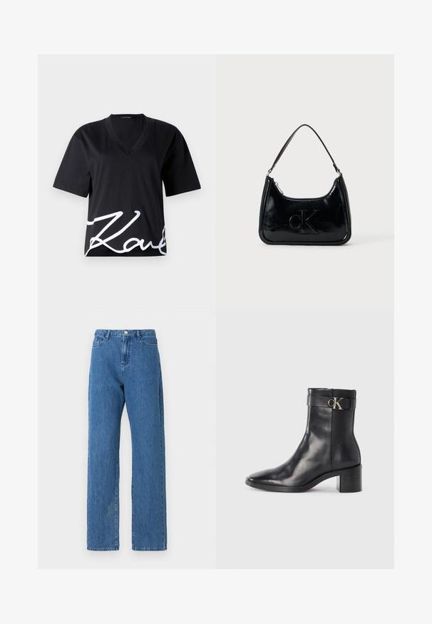 Sort V-hals T-shirt lavet af blødt stof, med korte ærmer og et stort hvidt signaturtryk nederst på fronten.; Lyseblå denimjeans med høj talje, brede ben og et klassisk fem-lomme design. Stoffet har en subtil tekstur.; Sort læder ankelstøvle med spids tå, blokhæl og en rem med en metallisk logo detalje. Glat tekstur og minimalistisk design.; Sort patentlæder håndtaske med et buet topgreb, lynlåsslukning og prægede "cK" logo på fronten. Glat tekstur, struktureret form.