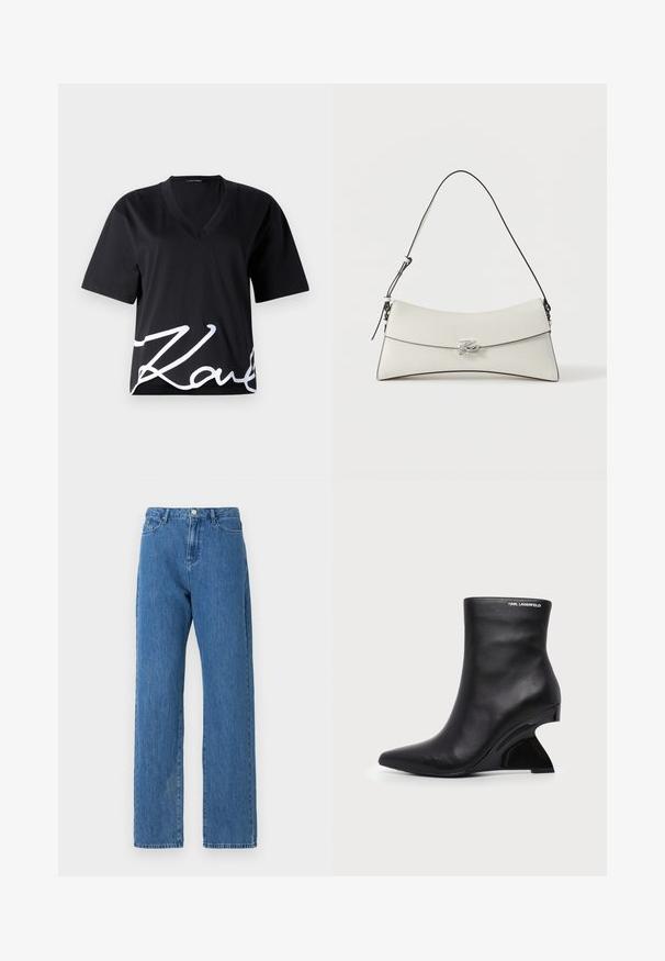 Sort V-hals T-shirt lavet af blødt stof, med korte ærmer og et stort hvidt signaturtryk nederst på fronten.; Lyseblå denimjeans med høj talje, brede ben og et klassisk fem-lomme design. Stoffet har en subtil tekstur.; Sort læderankelstøvle med buet skulptureret hæl og Karl Lagerfeld-logo nær den øverste kant på hvid baggrund.; Hvid skuldertaske i læder med buet klap, sort kant, justerbar rem og sølv dekorativ spænde på ensfarvet baggrund.