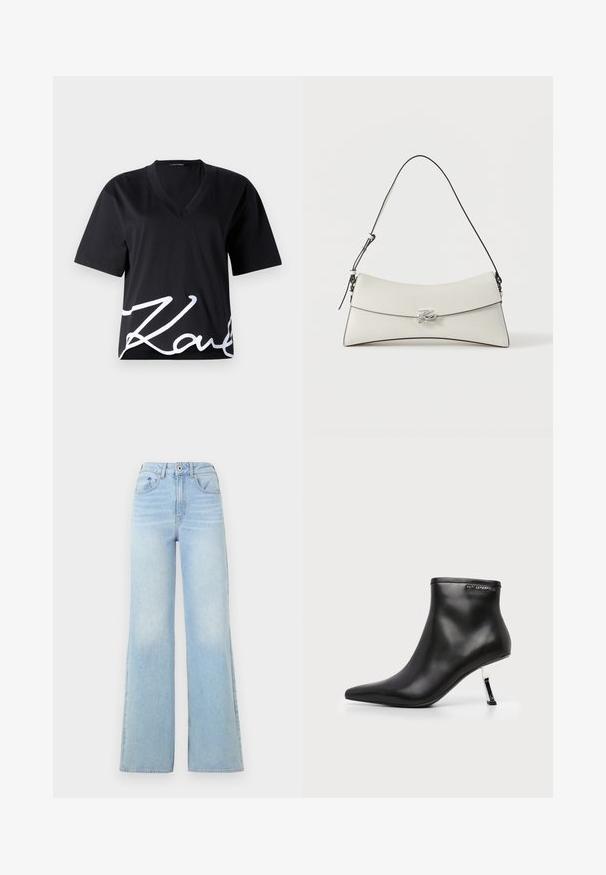 Schwarzes V-Ausschnitt-T-Shirt aus weichem Stoff, mit kurzen Ärmeln und einem großen weißen Signaturdruck auf der unteren Vorderseite.; Hellblaue High-Waist-Jeans mit weitem Bein-Design. Verfügt über fünf Taschen und einen Knopfverschluss, aus Denim mit leichtem Verblassen.; Schwarzer Leder-Stiefelette mit spitzer Zehenpartie und glänzendem silbernem Stiletto-Absatz auf weißem Hintergrund.; Weiße Lederschultertasche mit geschwungenem Überschlag, schwarzer Kante, verstellbarem Riemen und silberner dekorativer Schnalle auf schlichtem Hintergrund.