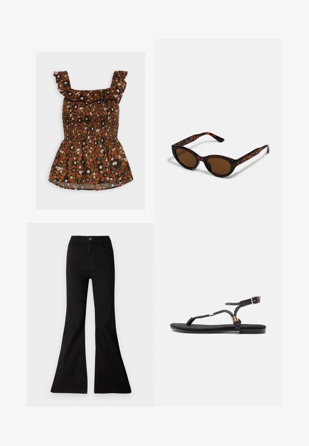 GAP SMOCKED TANK - Top - brown; Schwarze weite Jeans aus Denim, mit hoher Taille, Fronttaschen und einer großen Öffnung am Hosenbund für eineweite Beinform.; Schwarze flache Sandalen mit geflochtenen Riemen und metallischem Akzent. Verfügt über eine verstellbare Schnalle und eine flache Gummisohle für Komfort.; Braune Schildpatt-Sonnenbrille mit einer Vintage-Cat-Eye-Form und braunen Gläsern. Verfügt über gebogene Bügel mit roten Akzenten.