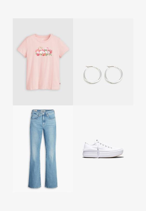 Rosa Baumwoll-T-Shirt mit kurzen Ärmeln, das ein florales Grafikdesign und den weißen Text "Levi's" hat, zentriert auf der Vorderseite.; Hellblaue Jeans aus Denim mit ausgestelltem Bein, hoher Taille, fünf Taschen, dezenten Falteneffekten und klassischem abgestepptem Saum. Glatte Textur, lässiges Design.; Weißer Canvas-Sneaker mit niedrigem Schnitt, dicker Plateau-Sohle, vorderer Schnürung und rauer Gummikappe an der Spitze, aus seitlicher Ansicht gezeigt.; Silberne Creolen zeichnen sich durch ein glattes, rundes Design mit einem schlanken Profil und einem sicheren Verschluss aus. Minimalistischer Stil mit glänzender Oberfläche.