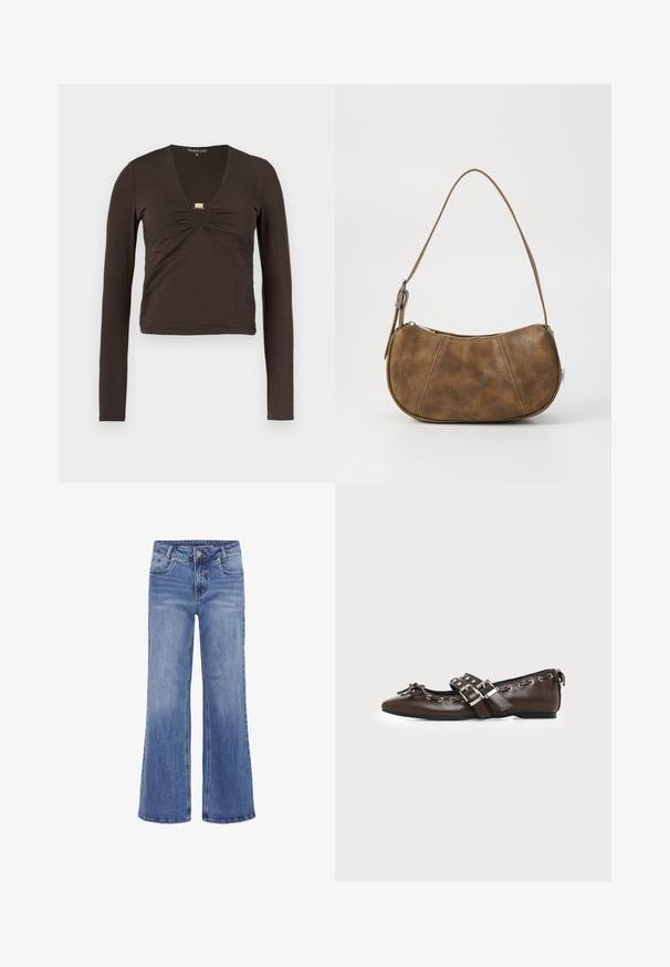 Brun langærmet top med dyb V-udskæring, samlet stof ved brystet og en sølvdetalje under halsudskæringen.; My Essential Wardrobe MWLOUIS HIGH WIDE - Jeans Straight Leg - medium blue wash; Mørkebrune lædersko med flad sål og spids snude, dobbelt sølvsnørrebånd, metaløjer og dekorativ sløjfe foran.; Brun faux læder skuldertaske med en buet form, en enkelt strop, kontrasterende syninger og en lynlåslukning langs den øverste kant.