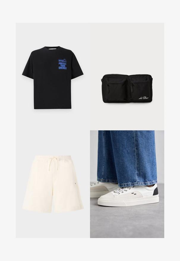 T-shirt noire en coton à manches courtes, avec le texte bleu "PROTÉGEZ VOTRE ÉNERGIE" et un design graphique sur le côté supérieur gauche.; Shorts couleur crème en tissu doux, dotés d'une taille élastique avec cordon de serrage, de poches latérales et d'une coupe décontractée.; Baskets blanches et noires avec une tige en cuir lisse, des accents texturés et une semelle épaisse blanche. Présentent un design classique à lacets.; Pochette en tissu noir avec deux poches zippées à l'avant, texte brodé, forme rectangulaire, texture durable et design discret.