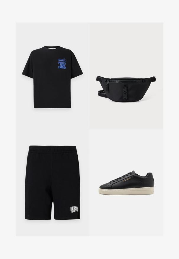 Schwarzes Baumwoll-T-Shirt mit kurzen Ärmeln, mit blauem Text "BESCHÜTZE DEINE ENERGIE" und einem grafischen Design auf der oberen linken Seite.; Schwarze Shorts aus weichem Baumwollmix mit einem elastischen Bund, versehen mit einem weißen Logo auf dem linken Bein und Seitentaschen.; Schwarze Leder-Sneaker mit glatter Oberfläche, kontrastierender cremefarbener Sohle, abgerundeter Spitze, goldfarbenem Logo an der Seite und sechs Ösen für die Schnürsenkel.; Schwarze Moschino Bauchtasche mit Frontreißverschluss und verstellbarem Riemen auf einfachem hellem Hintergrund.