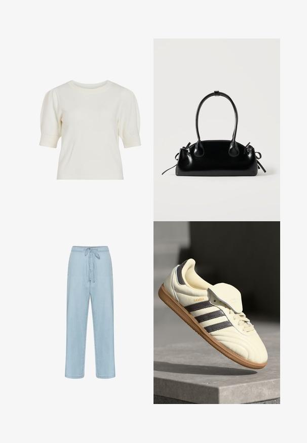 Hvid, kortærmet strikket top med rund halsudskæring og pufærmer. Glat tekstur og tætsiddende silhuet, velegnet til hverdag.; Lyseblå denimbukser med snøre i taljen, lige ben-design og minimale syninger. Stoffet ser blødt og glat ud.; Cremefarvede lædersneakers med tre mørke striber, en brun gummisål og en afrundet tå. Har en foldbar tunge mærket "SAMBA."; Lille sort blank håndtaske med to lange håndtag og snøre-detaljer i siden på en ensfarvet lys baggrund.