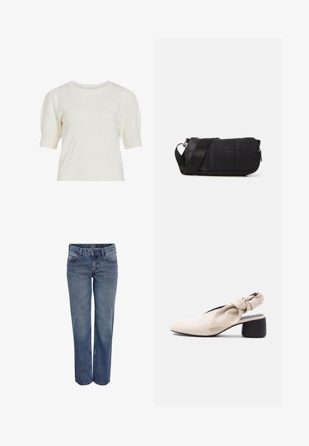 Hvid, kortærmet strikket top med rund halsudskæring og pufærmer. Glat tekstur og tætsiddende silhuet, velegnet til hverdag.; Blå denim jeans med en lige benudskæring, der har et klassisk fem-lomme design, diskrete stikninger og en knaplukning.; Beige damesko med lav hæl, spids tå og en snoet remdetalje over vristen og hælen.; Sort quiltet taske med cylindrisk form, lavet af blødt materiale. Har en sort rem og sølvhardware. Lynlås lukning.