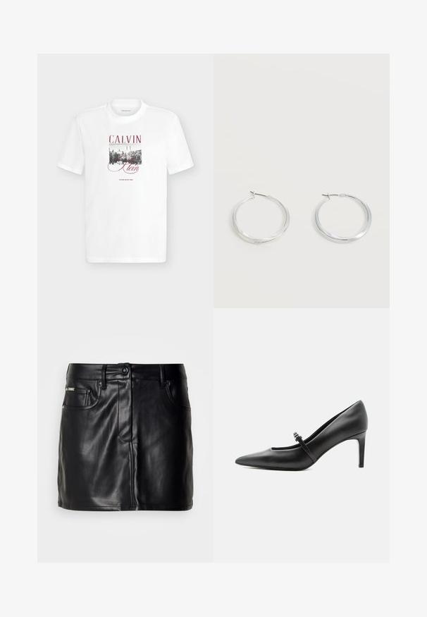 Camiseta blanca de manga corta con un gráfico en blanco y negro de un paisaje urbano y texto rojo "Calvin Klein" en la parte delantera.; Falda mini de cuero negro con un diseño a medida, que presenta bolsillos delanteros, un cierre de botón y una textura suave.; Zapato de tacón alto de cuero negro con punta puntiaguda, con tira fina y hebilla sobre el empeine, sobre fondo claro y neutro.; Pendientes de aro de metal plateado con superficie lisa y ligeramente curvada y cierre de tipo mosquetón sobre un fondo blanco liso.