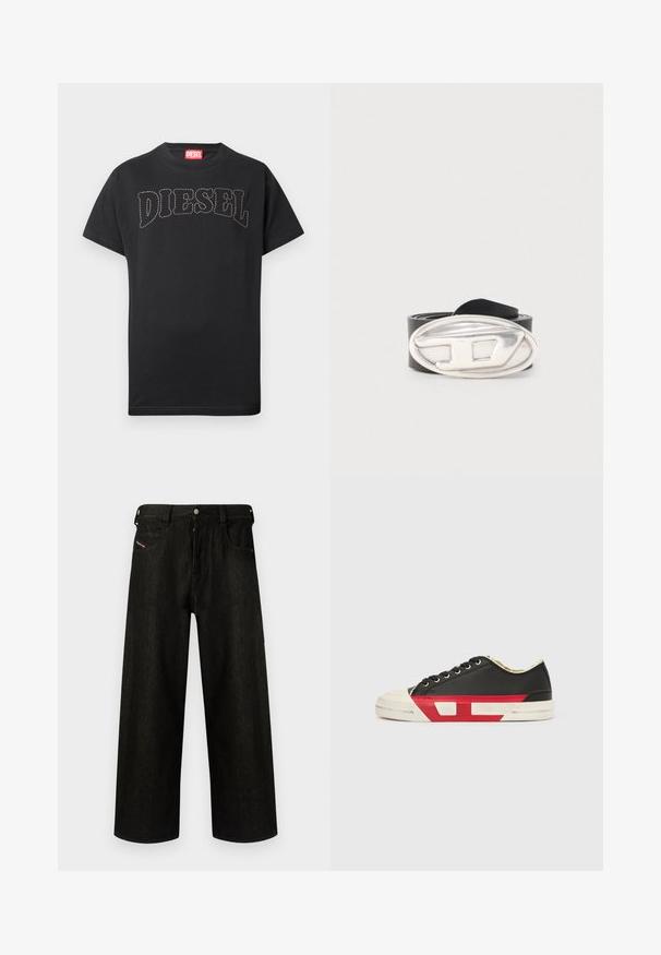 T-shirt noir à manches courtes avec texte "DIESEL" courbé et cousu sur la poitrine, et étiquette rouge à l'intérieur du col.; Jean noir à jambes larges en denim, présentant une fermeture éclair, cinq poches et un branding discret sur la poche avant. Tissu durable et texturé.; Baskets en toile noire avec des accents rouges, un bout en caoutchouc et une semelle blanche. Elles présentent des lacets noirs et un design texturé sur le côté.; Ceinture en cuir noir roulée avec une grande boucle ovale en argent ornée d'un "D" stylisé en relief.