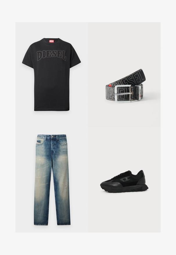 T-shirt noir à manches courtes avec texte "DIESEL" courbé et cousu sur la poitrine, et étiquette rouge à l'intérieur du col.; Jean bleu délavé à jambe droite avec des détails usés et des poches avant, fermeture par bouton et fermeture éclair, présenté sur un fond uni.; Baskets basses noires avec semelle texturée, dessus en mesh et cuir, fermeture à lacets devant, et petit logo embossé sur le panneau latéral.; Ceinture noire Diesel avec grand texte logo blanc, boucle rectangulaire en argent, et détail de boucle métallique brandée, enroulée sur un fond clair.