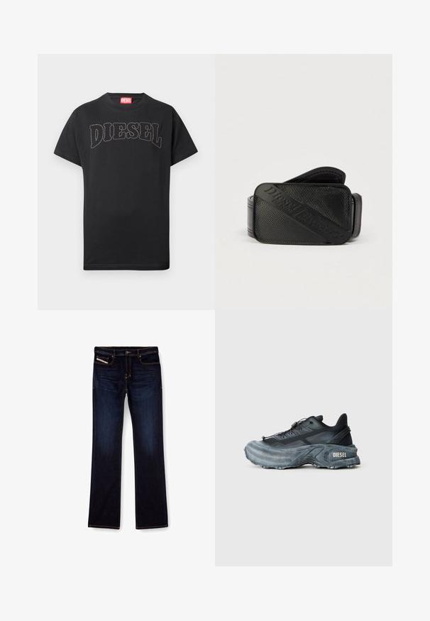 Camiseta negra de manga corta con texto "DIESEL" curvado cosido en el pecho y etiqueta roja en el interior del cuello.; Jeans de mezclilla de color azul oscuro con corte recto, con costuras naranjas, cremallera en la bragueta y bolsillos delanteros. Textura suave y cinturilla estándar.; Zapatilla Diesel en negro y gris con suela gruesa, cierre de cordón y diseño texturizado sobre un fondo liso de color gris claro.; Cinturón negro con un diseño texturizado y un logotipo en relieve prominente. El material parece suave con un acabado similar al cuero.