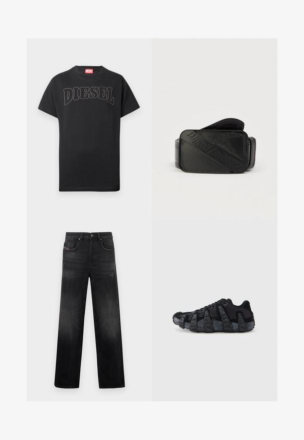 T-shirt noir à manches courtes avec texte "DIESEL" courbé et cousu sur la poitrine, et étiquette rouge à l'intérieur du col.; Jean en denim noir à coupe droite, avec cinq poches, un léger délavage et un aspect usé. Détails visibles en métal et coutures apparentes.; Baskets noires avec semelle renforcée à nervures exagérées, design à lacets, dessus en textile mélangé et daim, vues de profil sur fond blanc.; Ceinture noire présentant un design texturé avec un logo en relief bien visible. Le matériau semble lisse avec une finition en cuir.