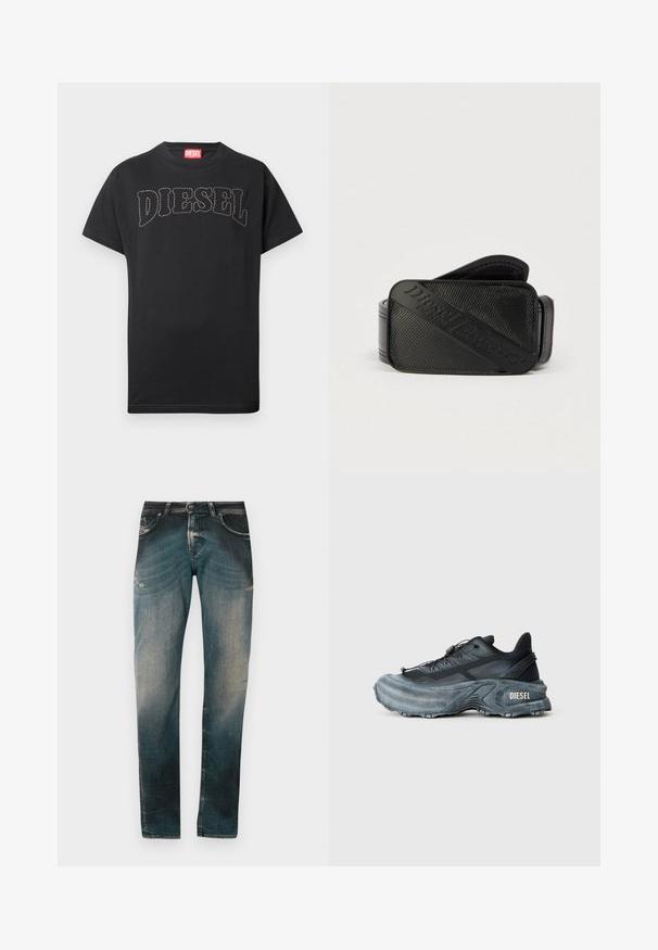 T-shirt noir à manches courtes avec texte "DIESEL" courbé et cousu sur la poitrine, et étiquette rouge à l'intérieur du col.; Jeans en denim slim-fit bleu délavé avec un léger effet usé et des détails de moustaches, présentant des poches avant et arrière ainsi que des passants de ceinture.; Baskets Diesel noires et grises avec semelle épaisse, système de laçage à bascule et design texturé sur fond gris clair uni.; Ceinture noire présentant un design texturé avec un logo en relief bien visible. Le matériau semble lisse avec une finition en cuir.