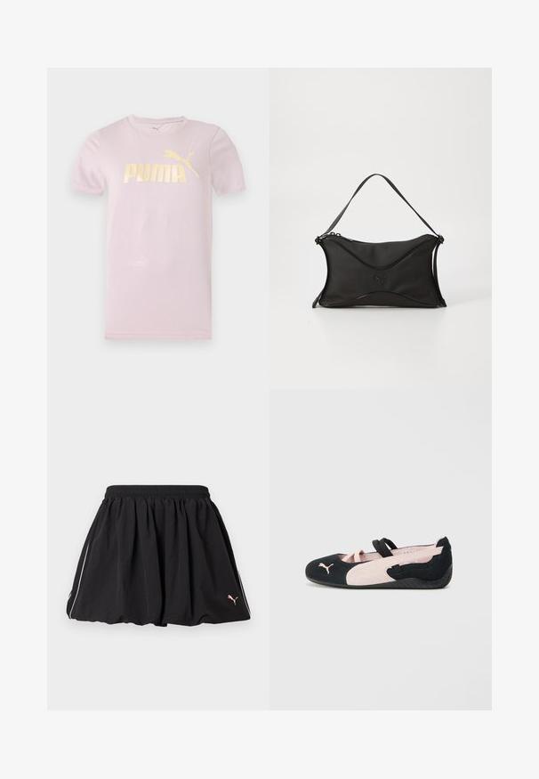 T-shirt Puma rose clair à manches courtes avec col rond et grand logo doré Puma et chat imprimés sur la poitrine.; Jupe courte sportive noire avec taille élastique, liseré blanc sur le côté et petit logo Puma sur le côté inférieur droit.; Ballerines en suède noir et rose clair avec des sangles élastiques, un bout arrondi et une semelle en caoutchouc texturée, arborant un petit logo à l'avant.; Sac à main noir en matériau doux et texturé. Présente un design ondulé, une bandoulière unique et un détail logo subtil à l'avant.