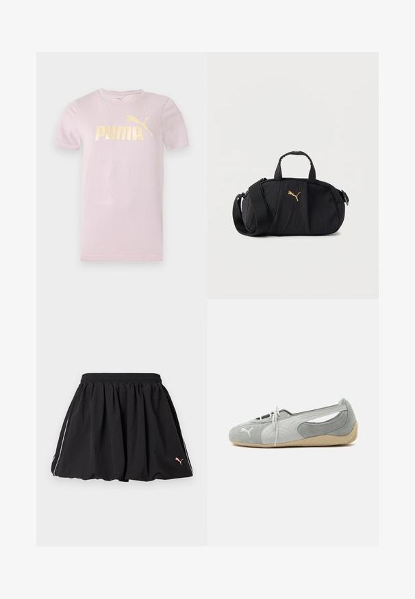 T-shirt Puma rose clair à manches courtes avec col rond et grand logo doré Puma et chat imprimés sur la poitrine.; Jupe courte sportive noire avec taille élastique, liseré blanc sur le côté et petit logo Puma sur le côté inférieur droit.; Chaussure plate en daim Puma gris clair avec logo blanc, lacets à l'avant, côtés découpés et semelle beige texturée, vue du côté extérieur.; Sac bandoulière texturé noir avec poignées supérieures, large sangle réglable et petit logo Puma doré centré à l'avant.
