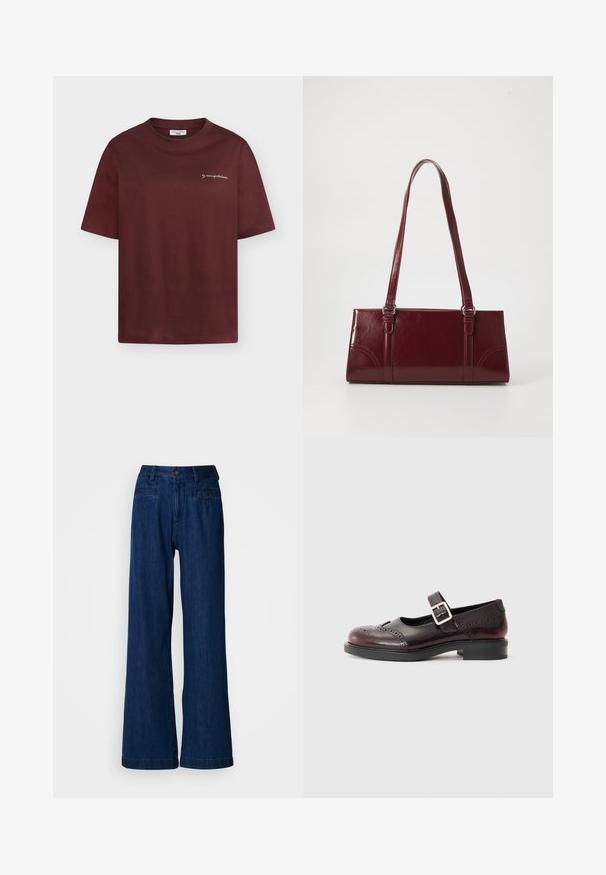 Weinrotes T-Shirt mit kurzen Ärmeln und Rundhalsausschnitt, mit kleinem weißen Schriftzug „by marcopolo denim“ auf der linken Brust.; Weit geschnittene Jeans aus dunkelblauem Denim. Mit vorderem Knopf- und Reißverschluss, zwei Fronttaschen und zwei Gesäßtaschen. Glatte Textur ohne Muster.; Mary-Jane-Schuhe aus dunkelburgunderfarbenem Lackleder, mit gestanzten Details und einem geschnallten Riemen. Niedriger Blockabsatz, runde Zehenform.; Burgunderfarbene Handtasche aus glänzendem Material, rechteckige Form, mit zwei Schulterriemen und subtilen, geschwungenen Akzenten an der Vorderseite.