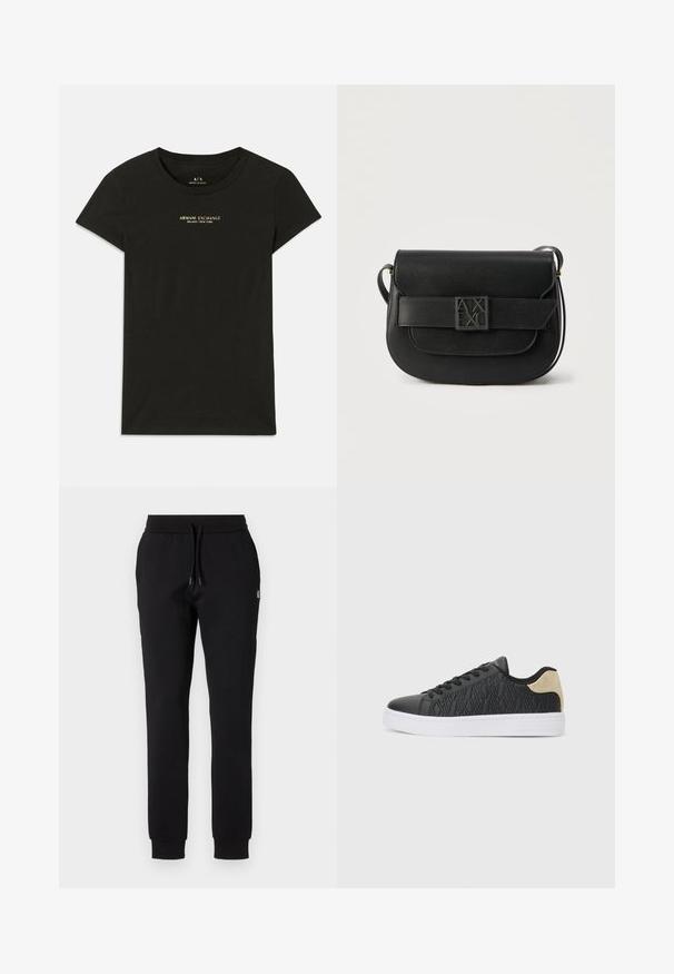 Musta lühiärg Armani Exchange T-särk, mille rinnaosal on väikesed beežid tähed "Armani Exchange Milano / New York".; Mustad mustad püksid pehmest kangast, millel on elastne vöökoht koos paelaga ja kitsenevad sääred ribakätega. Väike logo nüanss.; Mustad mustikad, millel on reljeefne pealis geomeetriliste mustritega, valge vaheosa ja kuldne aktsent kanna peal. Sidumisdisain. Lameldaad.; Must nahast õlakott klapikinnituse ja esiküljel reljeefse Armani Exchange'i logoga pandlal, minimalistlik disain.